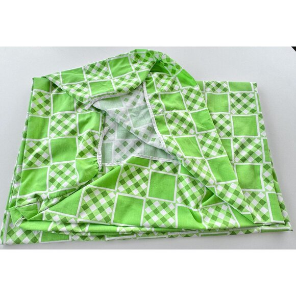 Vintage 70s fitted/bottom sheet, green checkered geometric bedsheet, double/full - Picture 4 of 7